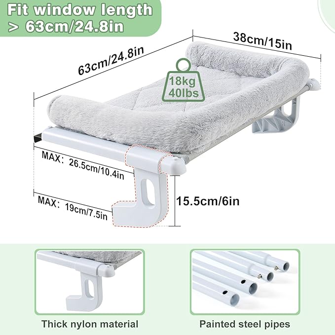 Sunhoo Cat Window Perch Hammock Sturdy Windowsill Bed Seat for Large Cats No Drilling No Suction Adjustable Kitty Shelf with Washable Cover Easy Assembly Holds up to 40 lbs 24.8 * 15 in (Grey, L)