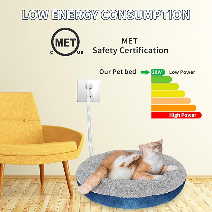 Heated Cat Beds for Indoor Cats Warming Cat Beds Super Soft Machine Washable Thermo Kitty Electric Heating Bed 19 Inches Round