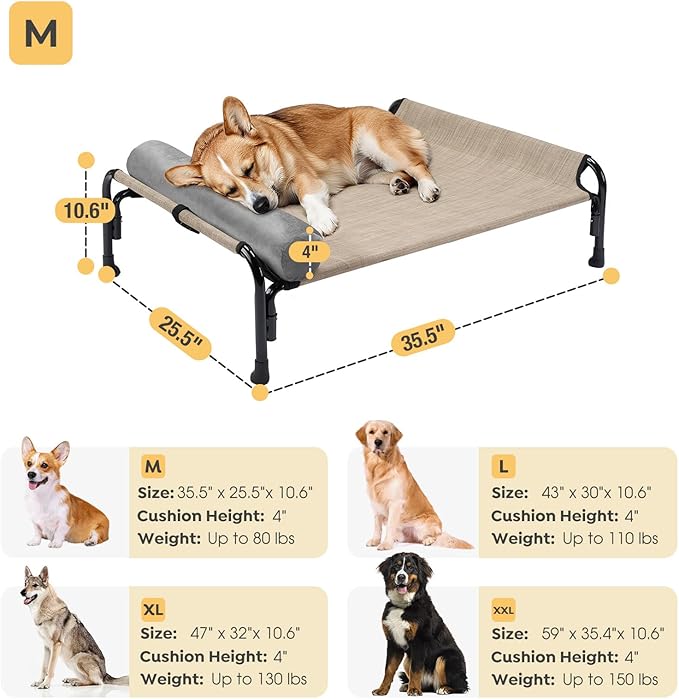 Veehoo Medium Elevated Dog Bed, Outdoor Raised Dog Cot Hammock Bed with One-Sided Removable Headrest Bolster, Cooling Breathable Washable Teslin Mesh, Off Ground, Anti-Slip, M, CWC2204BCP