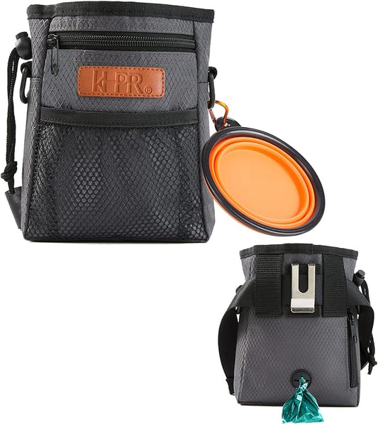 Dog Treat Training Pouch Easily Carries Pet Toys Kibble,Treats Built-in Poop Bag Dispenser 3 Ways to Wear Comes with a Foldable Silicone Bowl(Dark Grey)