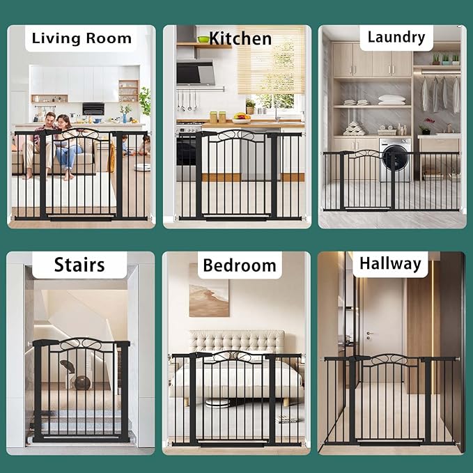 Black Baby Gate with Door-Walk Through Baby Gates for Stairs Pressure Mounted no Drill-Indoor Tension Metal Child Pet Dog Safety Gate 32.28"-35.04" Wide