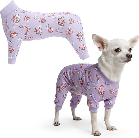 Spark Paws Dog Pajama, Dog Recovery Suit Male, Onesie, Ultra-Soft and 4-Way Stretch, for Small Medium and Large Breeds - When Pigs Fly - Purple - S