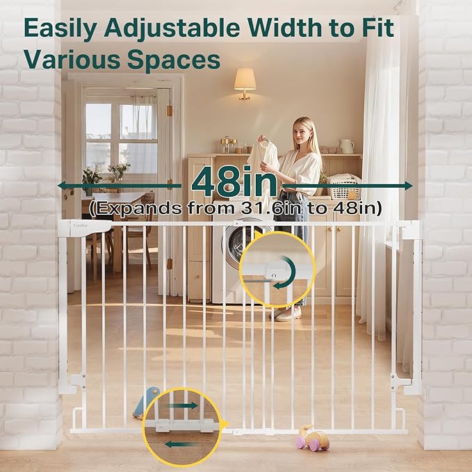 Cumbor Expandable 31.6-48" Baby Gate for Stairs, Wall-Mounted, 2-in-1 No Bottom Bar Dog Gate Indoor, Auto Close Pet Gate for Doorways with Large Walk Thru Door, Child-Proof Gate for Kids (White)