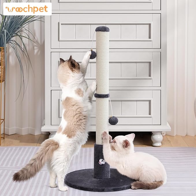33'' Tall Cat Scratching Post for Adults Cats, Sturdy Large Scratch Pole with Hanging Ball with Fun Mouse Hole, Scratching Posts for Indoor with Durable Natural Sisal Rope (Darkgrey)