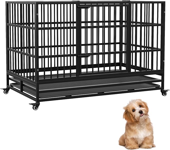Heavy Duty Metal Dog Crate, 48.5 in Extra Large Double Door Dog Cage with Wheels, Folding Indoor Pet House with Removable Tray Perfect for Small, Medium and Large Pets