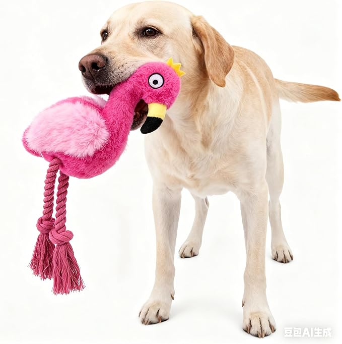 Plush Flamingo Dog Toy with Rope Legs, Pink, Interactive Squeaky Chew Toy for Small, Medium Dogs, Tug-of-War Play