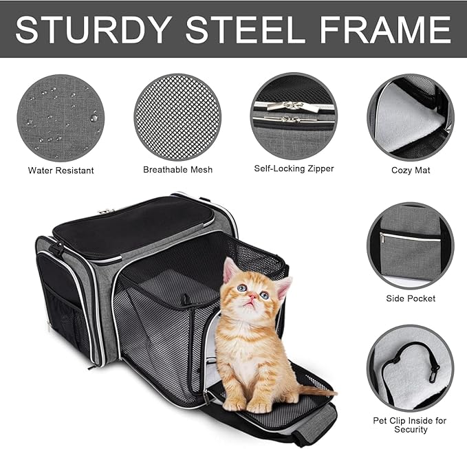 BAGLHER Expandable Cat Carrier with Travel Litter Box, Pet Travel 5 Sides Open Doors 3 Sides, Leak-Proof and Collapsible, for Car, Airplane Trip, Grey