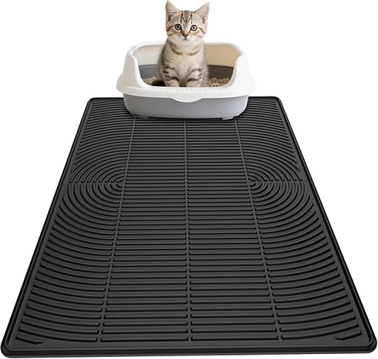 AMOK Cat Litter Mat, Extra Large Silicone Litter Box Mat 40" x 28", Waterproof Litter Trapping Mat for Cats, Durable and Easy to Clean, Black