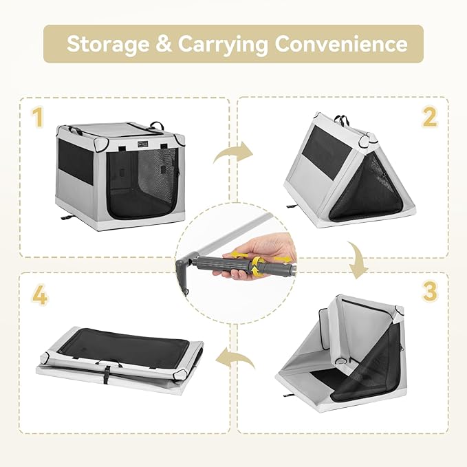 PETSFIT Soft Sided Dog Crate, Travel Dog Crate - 30 Inch Easy Set-up, Light, Sturdy, Comfy Inside with Thicken Mat, Collapsible Kennel for Home and Travel Light Grey