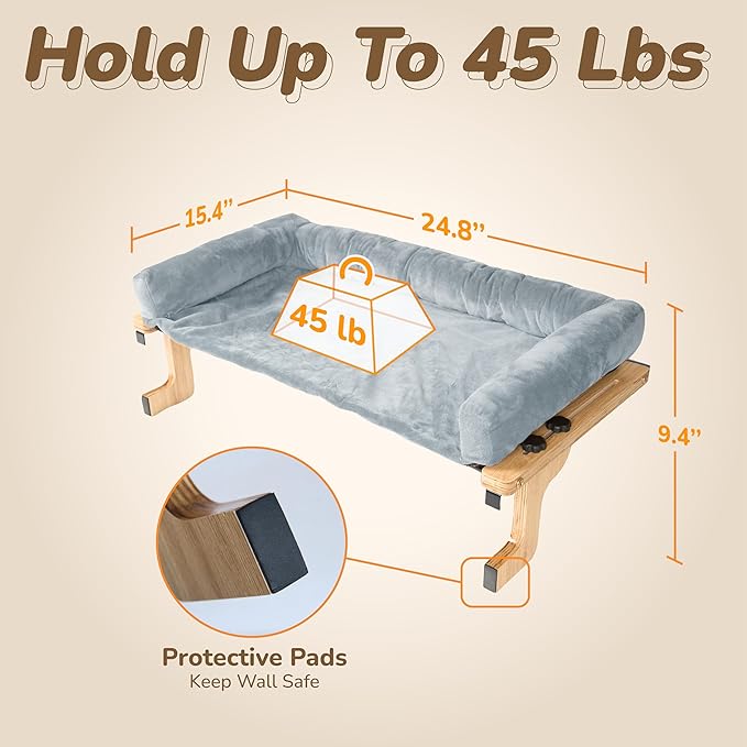 45LBS Capacity Cat Window Perch with Bolster, Hammock Seat with Plywood & Metal Frame, Cat Window Bed for Indoor Cats & Kitten, Extra Cood Pad (Natural Wood & Gray Cushion, 24.8''W x 9.4''H)