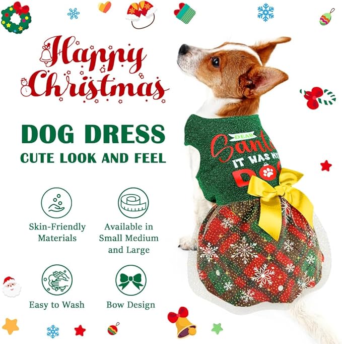 Funny Puppy Dress with Bow - Dog Dresses & Costumes for Small & Large Dogs - Pumpkin Witch Bat Pet Costume for Halloween & Christmas