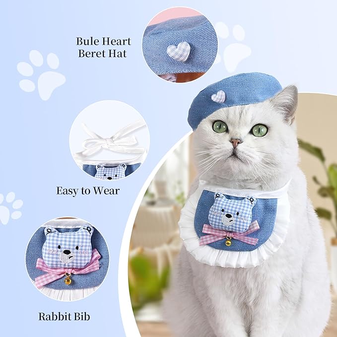 HOWWFALY Adorable Cat Princess Costume Blue Cat Beret with Little Heart & Bear Bib Scarf Bell Bow Set, Adjustable Pet Costume for Halloween Christmas Birthday Parties