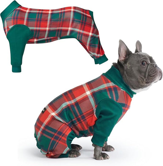 Spark Paws Dog Christmas Pajama, Dog Recovery Suit Male, Onesie, Ultra-Soft and 4-Way Stretch, for Small Medium and Large Breeds - Green and Red Plaid - XL