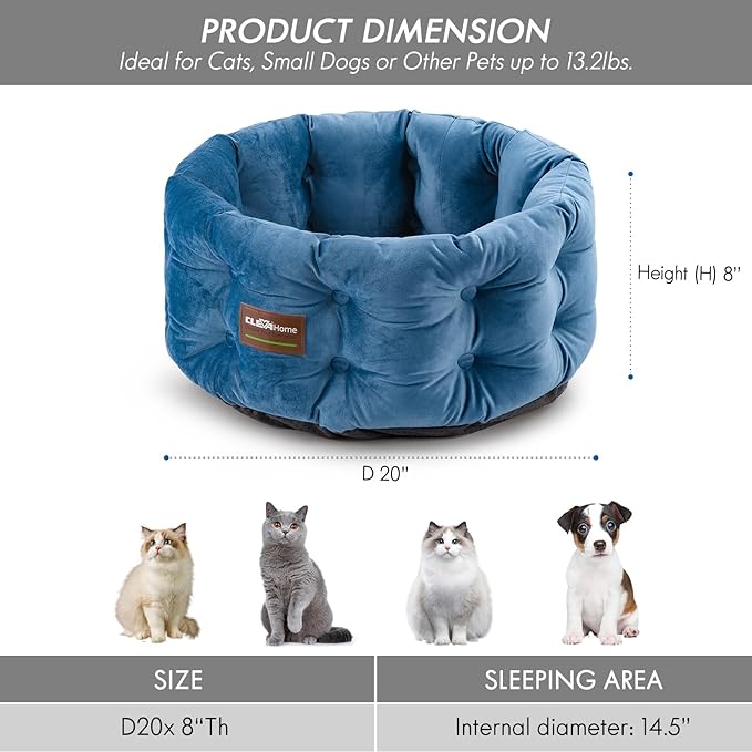 ClevaHome Deep Nest Cat Bed for Small Pets up to 15lbs - Round Cat Beds for Indoor Cats, Luxurious Velvet Feel, Extra High Sides, Machine Washable Comfort Pet Bed with Non-Slip Bottom (Steel Blue)
