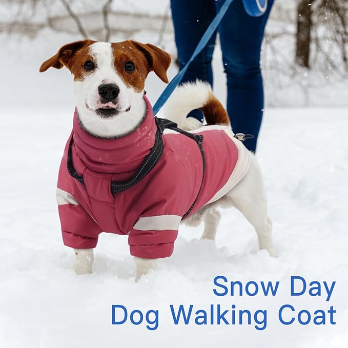 Dog Winter Coat with Adjustable Reflective Harness Built in -M | Turtleneck Water-Repellent Coats with Sleeves for Small Dogs Girls,Cold Weather Clothes,Warm Jacket for Jack Russel (Pink)