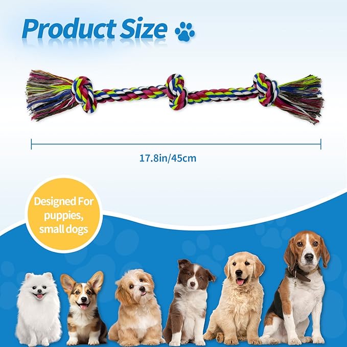 [2 Pack] Dog Rope Toys, Dog Chew Toy for Medium and Small Dogs, 3 Knots Heavy Duty Puppy Rope Toy, 100% Cotton Tug of War Dog Toys for Boredom, Teeth Cleaning