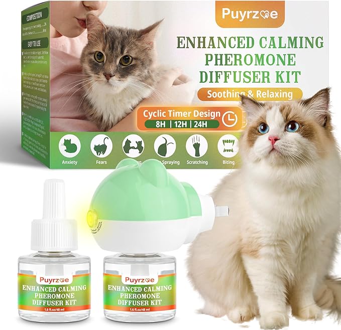 Cat Calming Diffuser with 3 Timing Functions, 3-in-1 Cat Pheromones Calming Diffuser Kit, 60-Day Anxiety Relief, Stress Reduction & Relaxation for All Cats (1 Diffuser + 2 Refills)