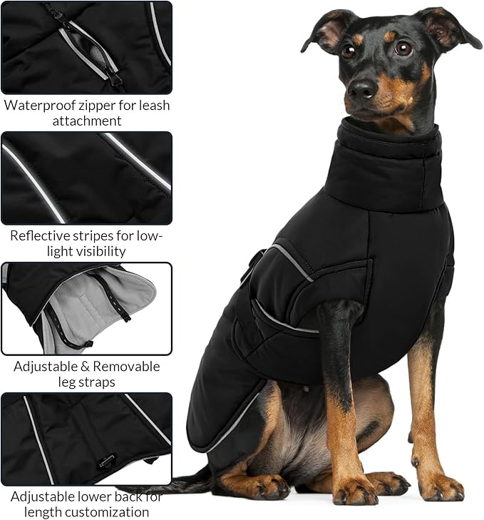 Queenmore Winter Dog Coat Warm Dog Jacket Vest Waterproof Puffer Fleece Snowsuit Adjustable Buckle Leash Hole Reflective Cold Weather Parka for Small Medium Large Dogs Girl Boy Black XXXL