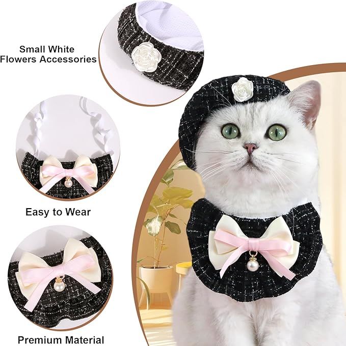 HOWWFALY 2PCS Cat Beret Hat with Small Camellia, Adjustable Satin Bowtie Bandana Scarf Set Pet Princess Costume for Halloween Christmas, Cat Dog Birthday Party Apparel(Black Bow)