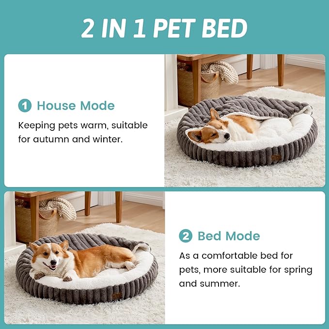 Dog Bed with Hooded Blanket, Round Fluffy Anti-Anxiety Pet Bed for Medium Dogs & Large Dogs, Cozy Donut Cuddler with Machine Washable Faux Fur & Anti-Slip Bottom(35"×35"×7",Grey)