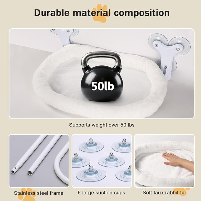 Cat Window Perch with 6 Strong Suction Cups,Includes Summer and Winter Removable Cushion - No Drill Installation,50LBS Support Foldable Cordless Cat Beds for Indoor Cats(Medium)