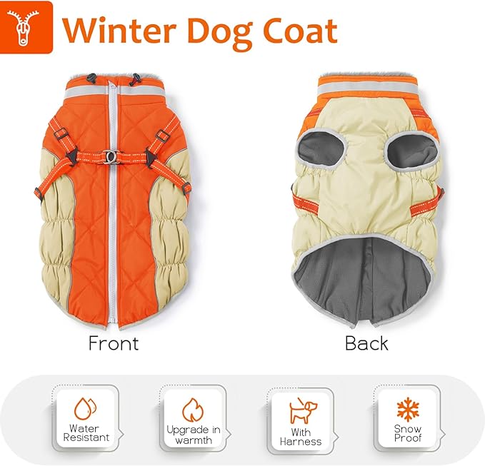 Dog Winter Coat with Harness, Dog Jacket, Pet Clothes with Zipper on Back, Waterproof Windproof Warm Vest, Reflective Cold Weather Coats, for Small Medium Large Dogs, Thick, Orange, XL