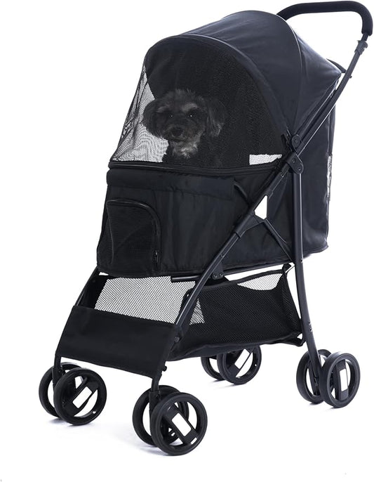 4 Wheels Pet Stroller,Easy-Foldable Dog Cat Cage Jogger Stroller with Weather Cover for All-Season,Storage Basket and Visible Mesh for Small/Medium Pets up to 33lbs (Black)