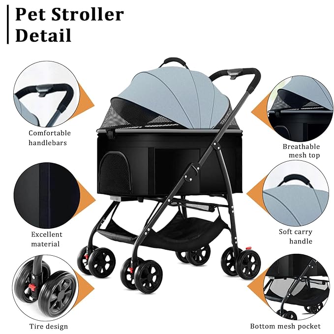 3 in 1 Dog Strollers 4 Wheels Folding Pet Stroller with Detachable Carrier Multifunction Portable Dogs Travel Carriers for Medium Small Puppy Kittens