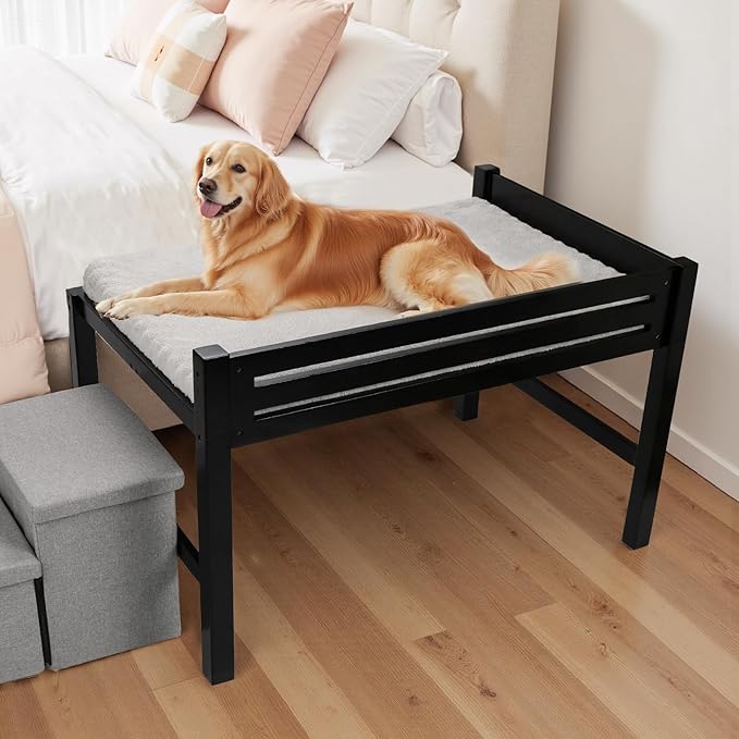 Bedside Dog Bed with Stairs，27×41 Wooden Elevated Dog Bed Cosleeper with Removable Mattress, Foldable 3-Step Stairs & Guardrail, Bassinet-Style Pet Bed for Large Dogs