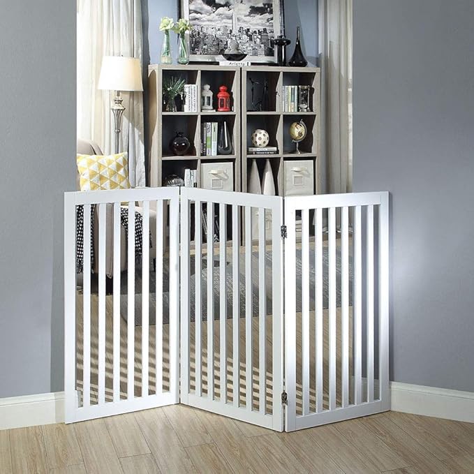 unipaws 36”H Free Standing Pet Gate for Dog Cat, Tall Wooden Gates for Doorway, Stairs, Foldable Pet Fence for The House, Expandable Dog Barrier, Indoor Use, White