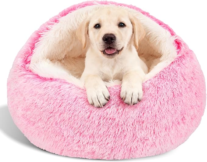 Calming Dog Beds with Hooded Cat Cave Cover - Removable, Washable Round Beds for Small to Medium Pets, Anti-Slip Faux Fur Fluffy Cover for Improved Sleep - Fits up to 15/25 lbs (Pink, M)