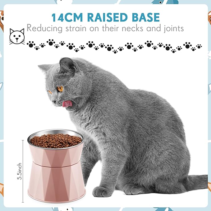 Lallisa 2 Pcs Elevated Cat Bowls Adjustable Raised Cat Feeder Non Slip Food Water with Stand Safe Stainless Steel Bowls with Pet Food Stand for Pets Feeding Eating(Pink)