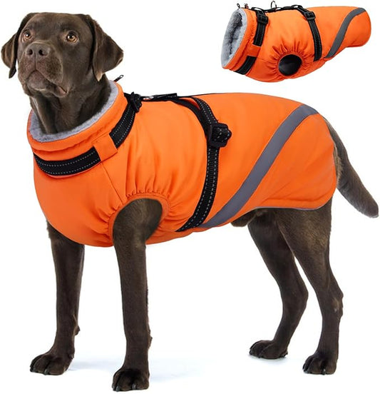 BRKURLEG Dog Winter Jackets for Large Dogs, Dog Coat with Harness Built in, Dogs Snowsuits with Zipper, Waterproof Windproof Pet Puffer Jacket Fleece Vest for Labrador, Dalmatian, Orange XXL
