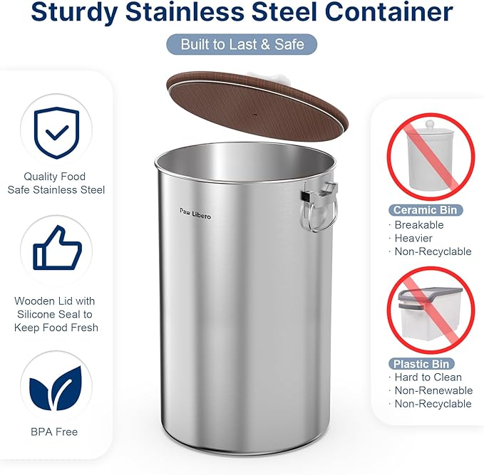 35 Lbs Stainless Steel Dog Food Storage Container with Airtight Wooden Lid & Ceramic Bone Handle, Large Metal Dog Food Bin, Pet Treat Jars for Dogs & Cats, Keep Fresh, Easy to Clean