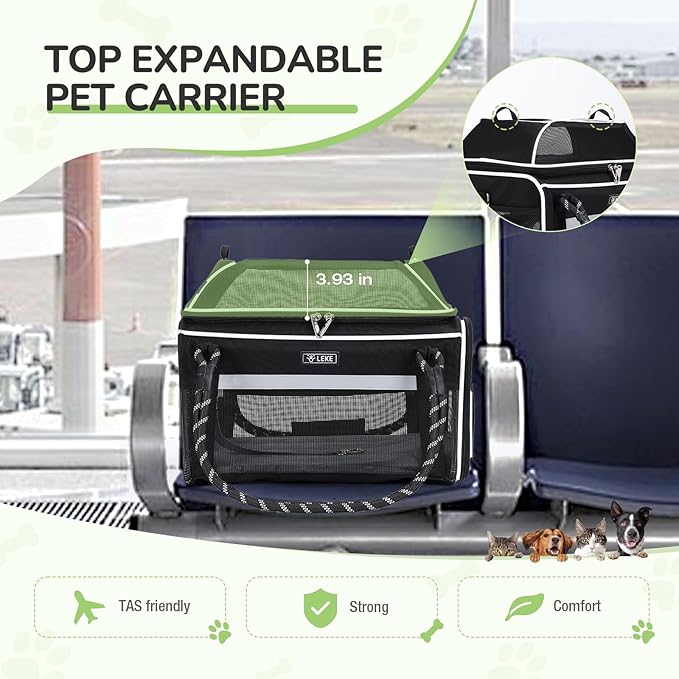 Lekereise Top Expandable Pet Carrier TSA Airline Approved Soft Sided Underseat Up to 12lbs Travel Carriers for Small Cats and Dogs with Convertable Dog Leash and Anti-Scratch Mesh