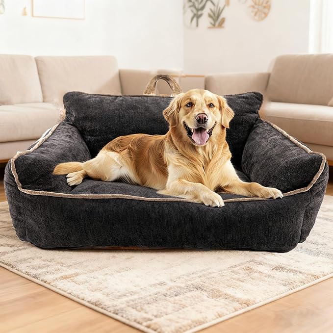 Large Orthopedic Dog Sofa Bed with Sides, Carry Handle & Side Pockets .Plush Chenille Orthopedic Pet Bed Couch for Large Dogs.Portable Snuggler for Indoor Use, Travel & Recovery (Black)