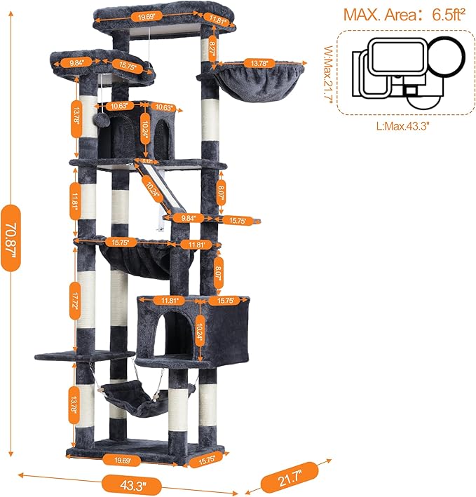 Heybly Cat Tree, 71-Inch-Tall Tower for Indoor Cats with 2 Perches, 2 Big Condos, 2 Hammocks, Basket, Scratching Pad, Large Cat Furniture and Condo, Smoky Gray HCT034G