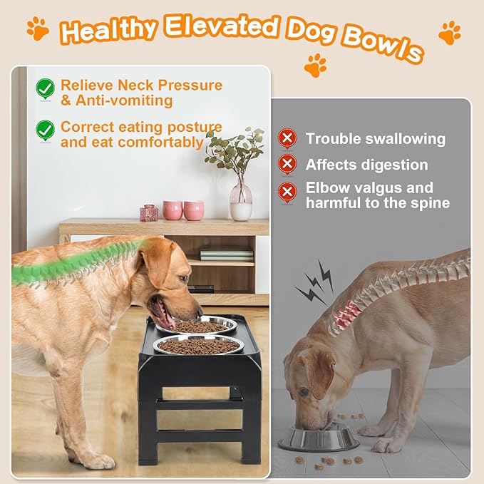 COMESOON Elevated Dog Bowls, 4 Height Adjustable Raised Bowl Stand with 2 Thick 50oz Stainless Steel Food Bowls Non-Slip Feeder Adjusts to 3.7'', 9.2'', 10.75'', 12.36'' Black, (DB-W01)