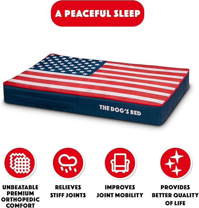The Dog’s Bed Orthopedic Memory Foam Dog Bed, Medium Blue & Red Trim USA Center Flag, Pain Relief for Arthritis, Hip & Elbow Dysplasia, Post Surgery, Supportive, Calming, Waterproof Washable