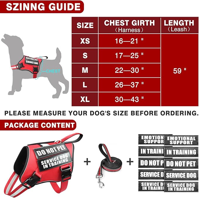 Service Dog Vest Harness and Leash Set+10 Patches,No Pull&Adjustable Reflective Dog Harness with Soft Padded Handle for Training/Everyday,Fit Small/Medium/Large/Extra-Large Dogs(Red XL)