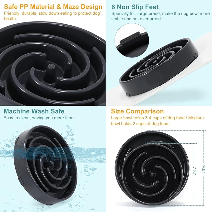 Slow Feeder Large Dog Bowl - Maze Puzzle Bowl for Medium to Large Dogs - Non Slip, Interactive, Bloat Stop, Healthy Feeding Dish - Gray