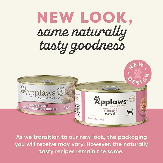 Applaws Natural Wet Cat Food in Broth, Limited and Natural Ingredients, High Protein with No Artificial Additives, Tuna Fillet & Shrimp in Broth (6 x 5.5oz Cans)