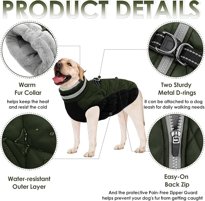 AOFITEE Dog Coat, Warm Dog Winter Coat for Large Dogs, Reflective Turtleneck Dogs Jacket with Harness Built in, Waterproof Windproof Pet Puffer Jacket Fleece Vest for Cold Weather, Green XXXL