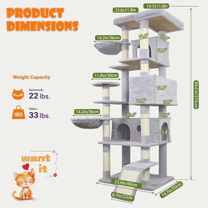 84.6in Cat Tree, Patent Fabric Multilevel Cat Tower for Adult Cats, Climbing Tree House and Towers with Condo Hammock Scratching Post Large Platform Wide Base (Light Gray, 84 in)