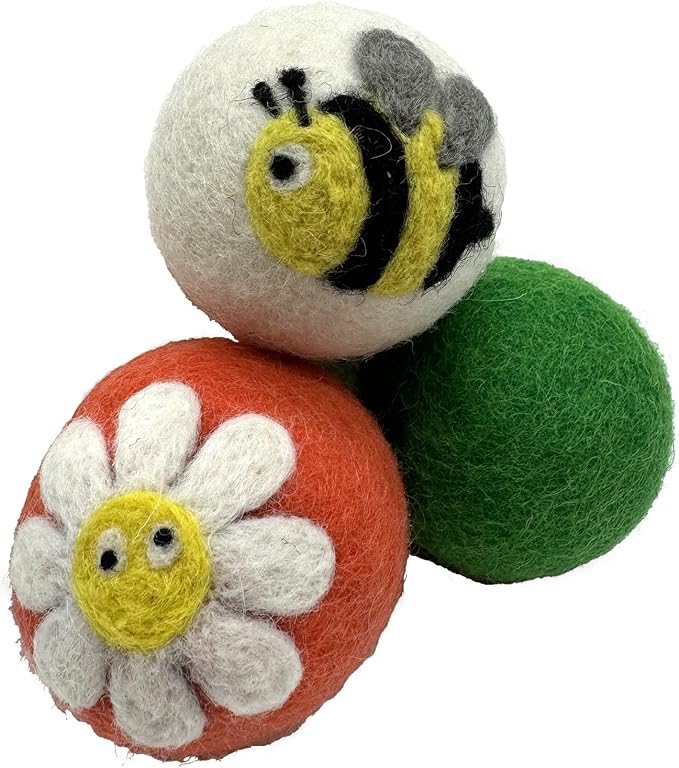 Wool Felt Balls 3 Pack Love Ewe Pet Supplies - 2 in Felted Wool Cat Toys 100% New Zealand Wools Felt Cat Toys Handmade Wools Felts Balls - Cats Felts Ball, Colorful Ball - Flower and Bee
