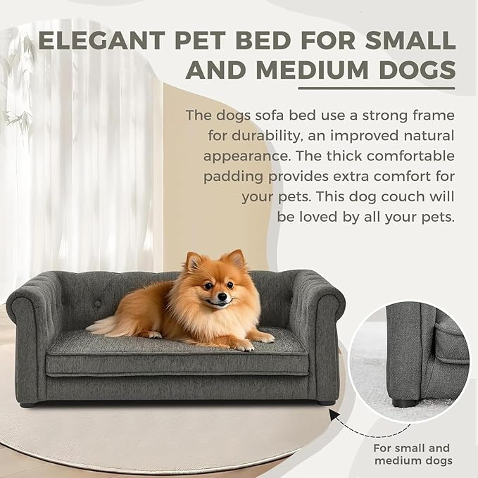 Dog Couch for Medium Dogs Up to 50 lbs, 29" W Memory Foam Dog Sofa Couch with Dry Cleanable Fabric, Elevated Dog Couch Bed with Legs, 39" Outer Edge Length, Furniture for Small and Medium Dogs - Grey