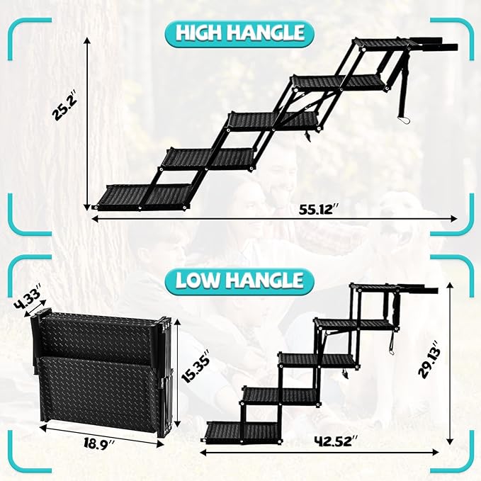 Extra Wide Dog Stairs for Car - Foldable Dog Ramps for Large Dogs with Non Slip Surface, Portable Pet Stairs for Cars and SUV, Truck, Sofas, Bed Support Up to 250 lbs(Wide 5 Steps)
