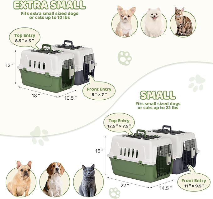 Magshion Pets Plastic Carrier, 22-Inch Hard-Sided 2-Door Top-Loading Kennel for Small Dogs and CatsLonger Traveling, Durable Handle, and 4 Sides Ventilation for Pet Up 22 lbs (White+Green)