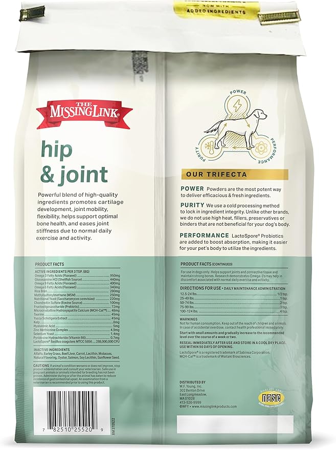 The Missing Link Hip & Joint + Probiotics Supplement 5lb Bag - Superfood Powder for Dog Cartilage & Bone Health, Joint Mobility & Flexibility