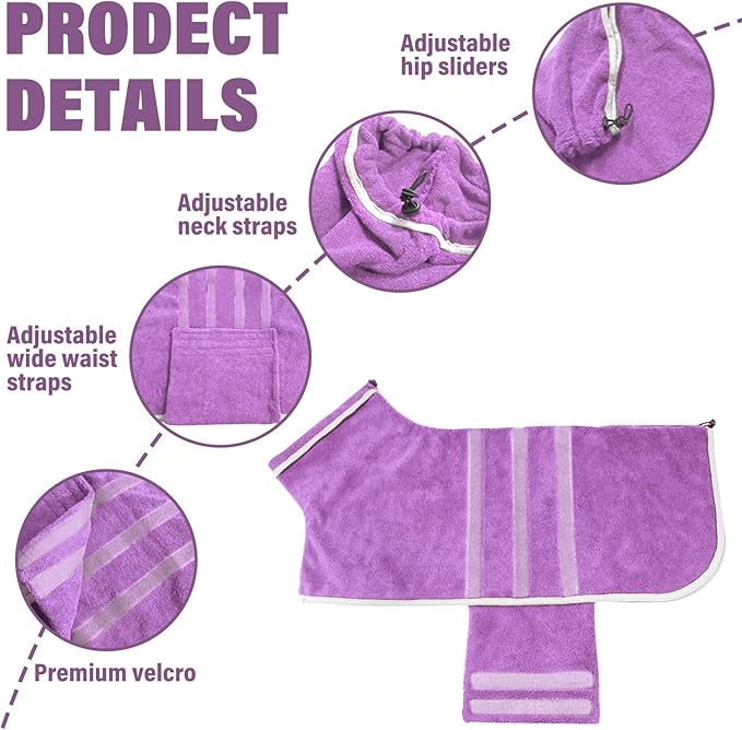 Dog Robe - Fast Drying Towel - Microfiber Super Absorbent Pet Bathrobe, Adjustable Collar & Belly Strap (Purple, X-Large)